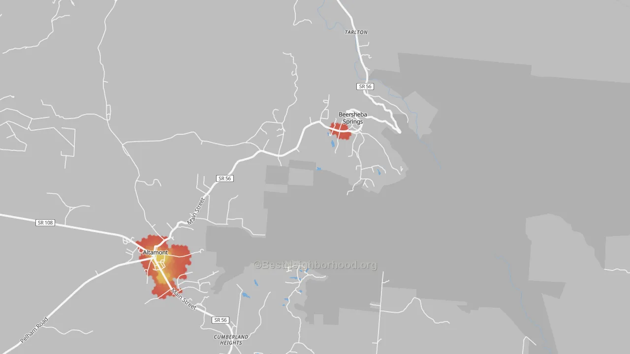 Walk Grade map of Beersheba Springs, TN, walkable areas in green and car-dependent areas in red