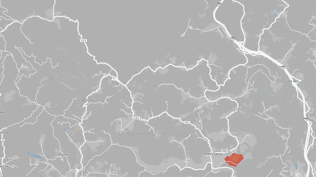 Walk Grade map of Beeson, WV, walkable areas in green and car-dependent areas in red