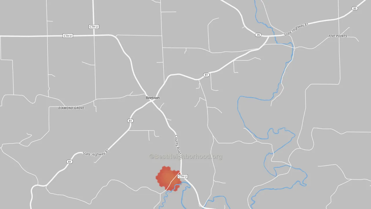 Walk Grade map of Beetown, WI, walkable areas in green and car-dependent areas in red