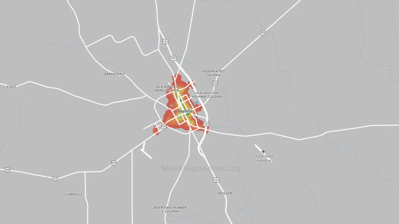 Walk Grade map of Beeville, TX, walkable areas in green and car-dependent areas in red