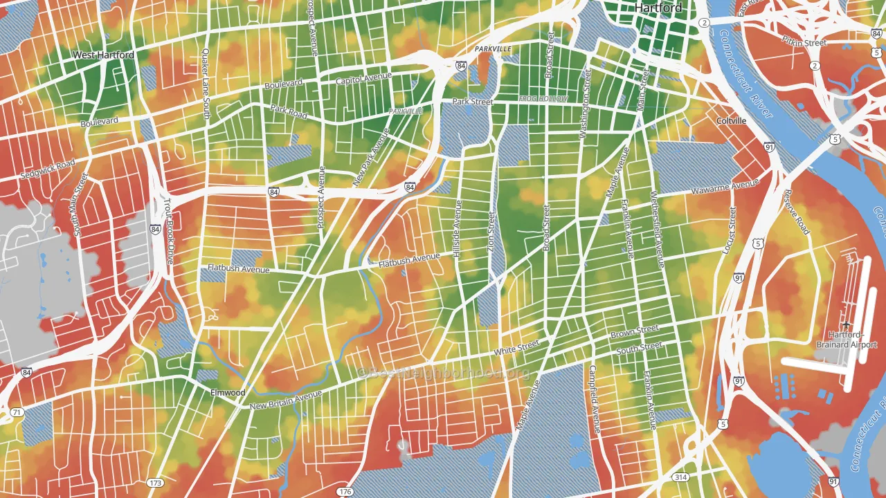 Walk Grade map of Behind The Rocks, Hartford, CT, walkable areas in green and car-dependent areas in red