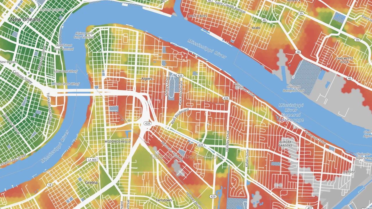 Walk Grade map of Behrman, New Orleans, LA, walkable areas in green and car-dependent areas in red