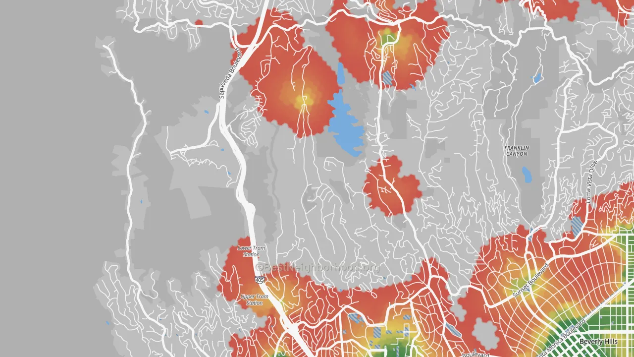 Walk Grade map of Bel Air, Los Angeles, CA, walkable areas in green and car-dependent areas in red