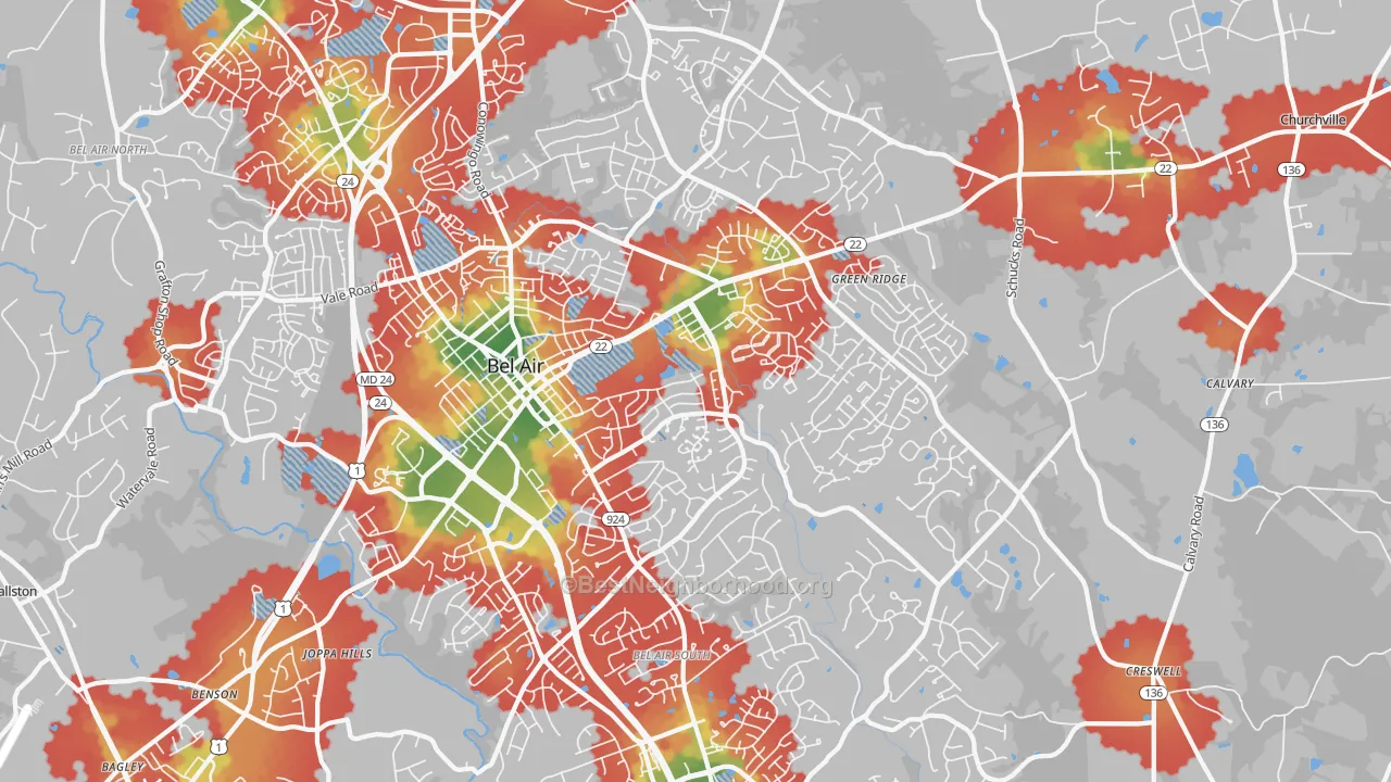 Walk Grade map of Bel Air, MD, walkable areas in green and car-dependent areas in red