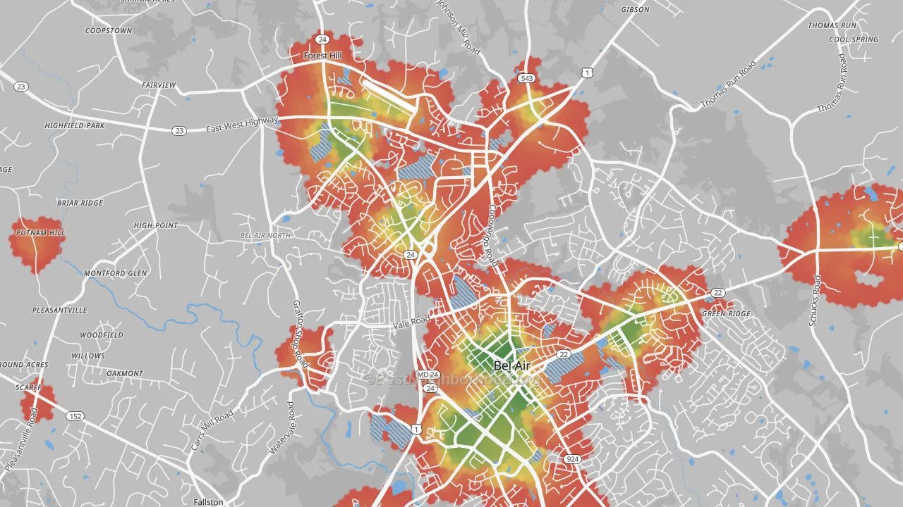 Walk Grade map of Bel Air North, MD, walkable areas in green and car-dependent areas in red