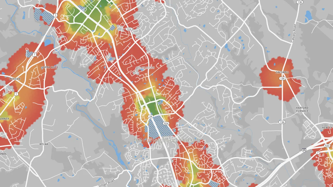 Walk Grade map of Bel Air South, MD, walkable areas in green and car-dependent areas in red