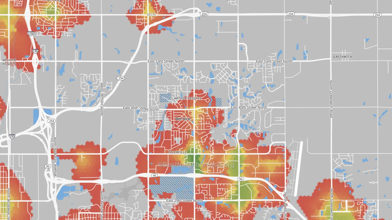 Walk Grade map of Bel Aire, KS, walkable areas in green and car-dependent areas in red