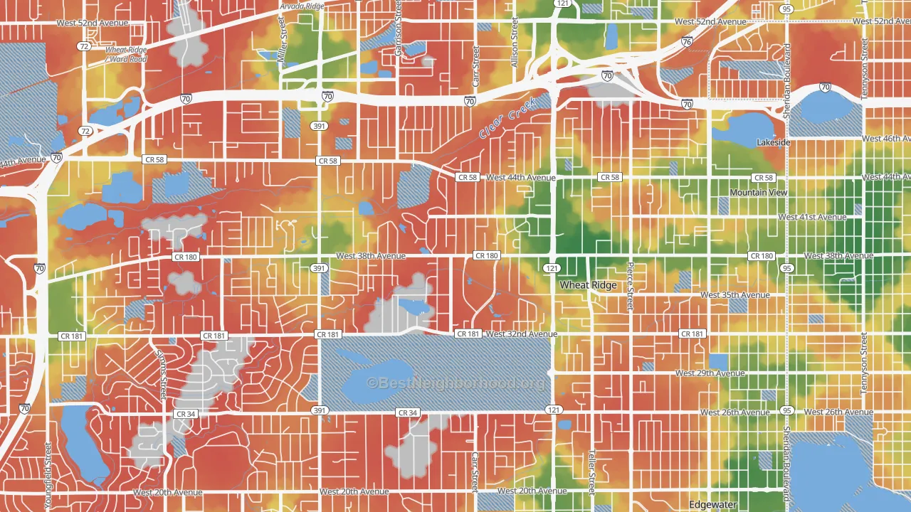 Walk Grade map of Bel Aire, Wheat Ridge, CO, walkable areas in green and car-dependent areas in red