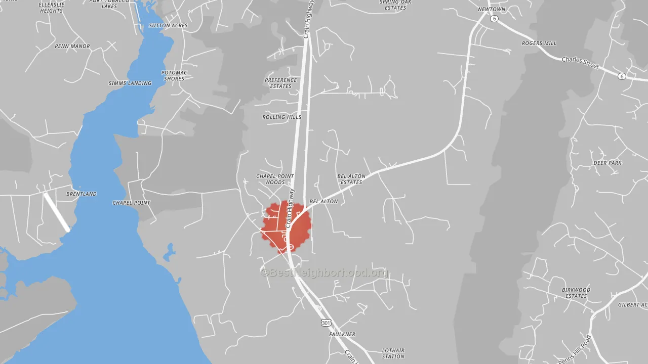 Walk Grade map of Bel Alton, MD, walkable areas in green and car-dependent areas in red