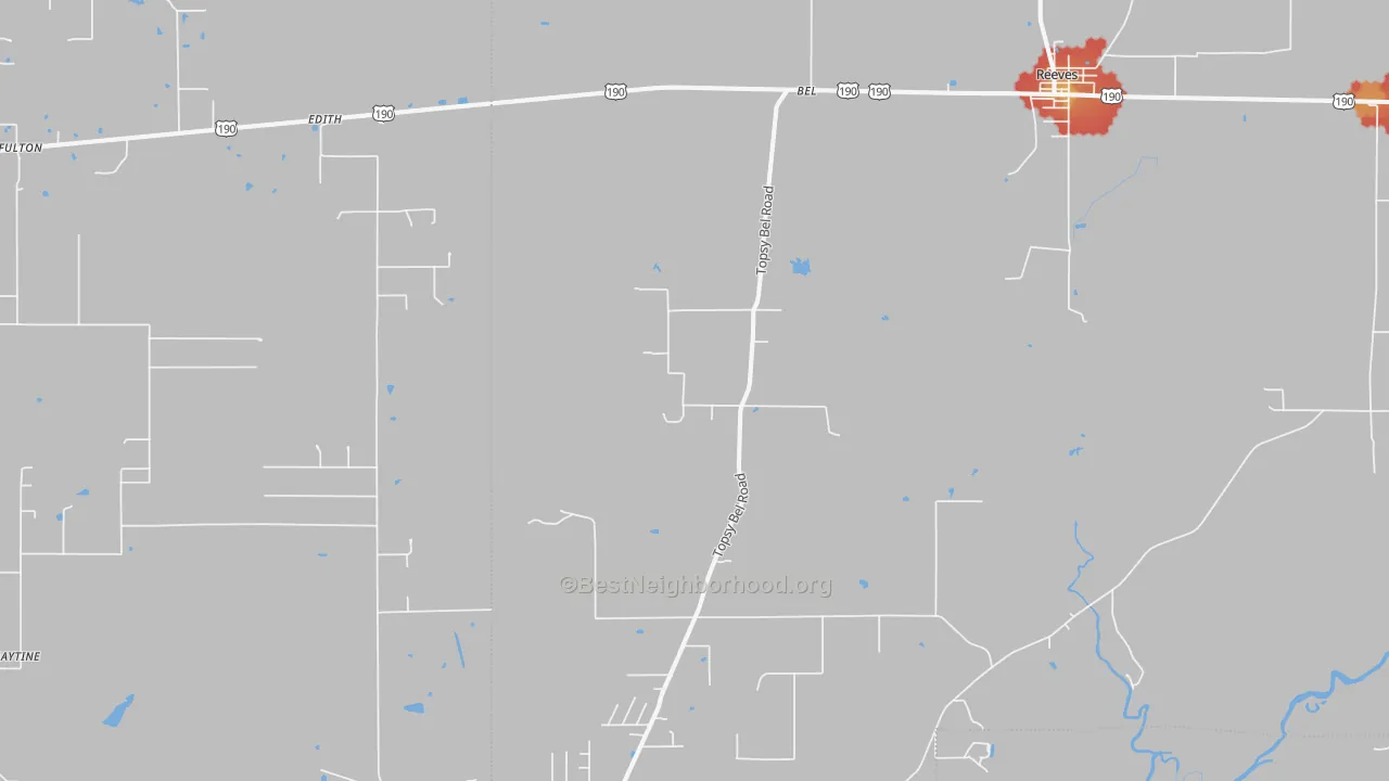Walk Grade map of Bel, LA, walkable areas in green and car-dependent areas in red