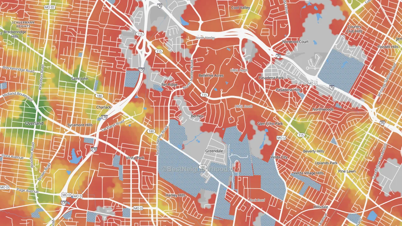 Walk Grade map of Bel-Nor, MO, walkable areas in green and car-dependent areas in red