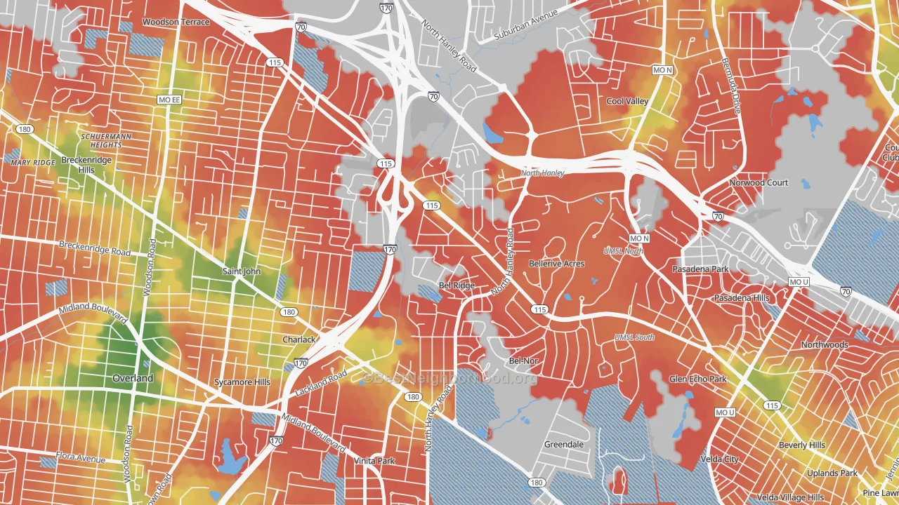 Walk Grade map of Bel-Ridge, MO, walkable areas in green and car-dependent areas in red