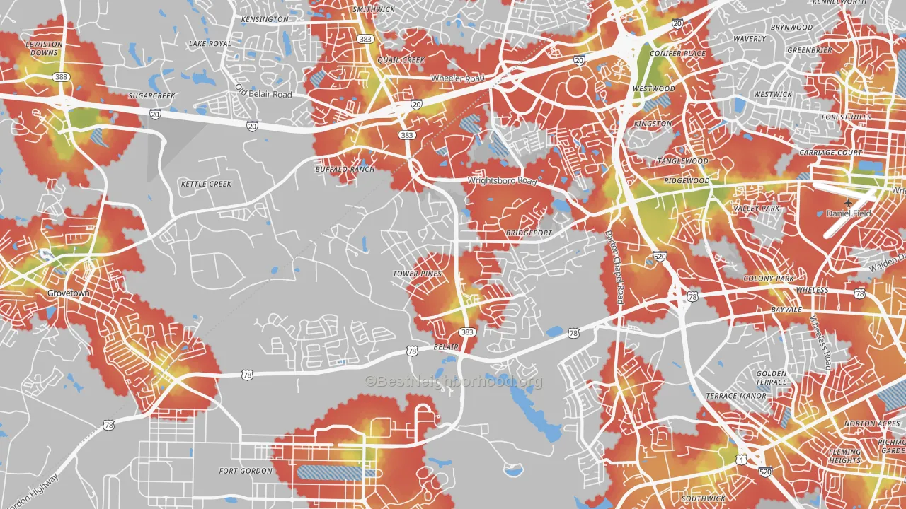 Walk Grade map of Belair, Augusta, GA, walkable areas in green and car-dependent areas in red