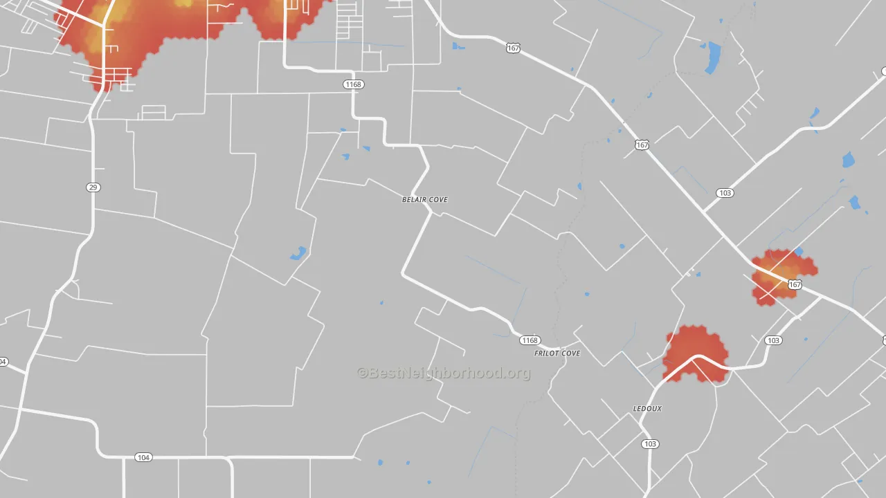 Walk Grade map of Belair Cove, LA, walkable areas in green and car-dependent areas in red