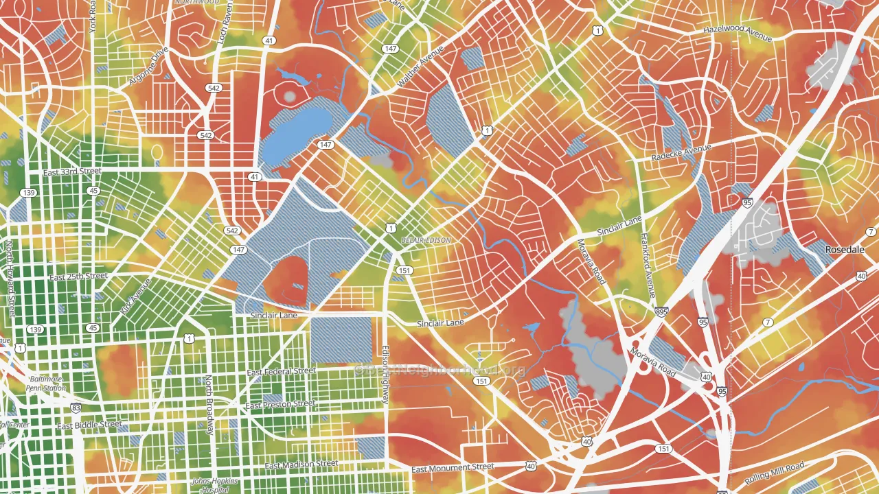 Walk Grade map of Belair-Edison, Baltimore, MD, walkable areas in green and car-dependent areas in red