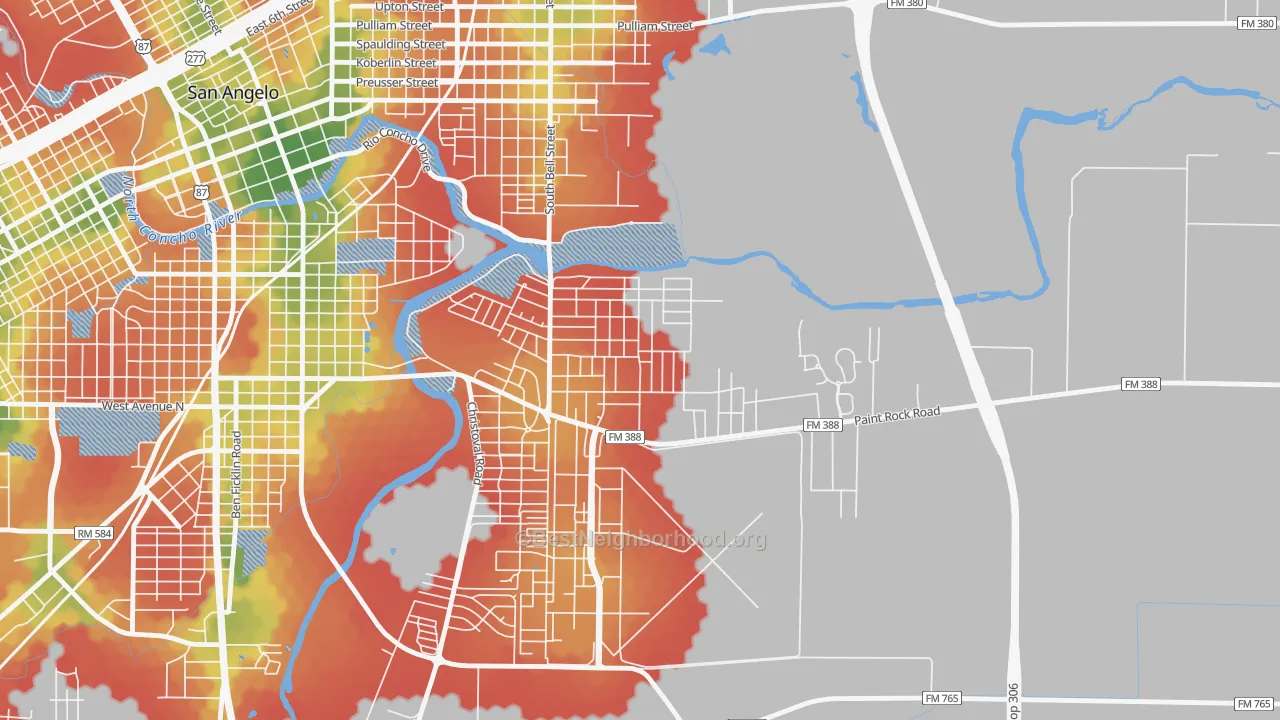 Walk Grade map of Belaire, San Angelo, TX, walkable areas in green and car-dependent areas in red
