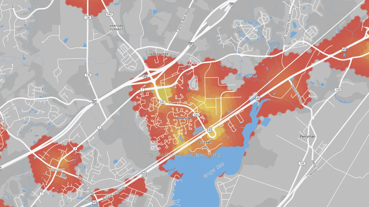 Walk Grade map of Belcamp, MD, walkable areas in green and car-dependent areas in red