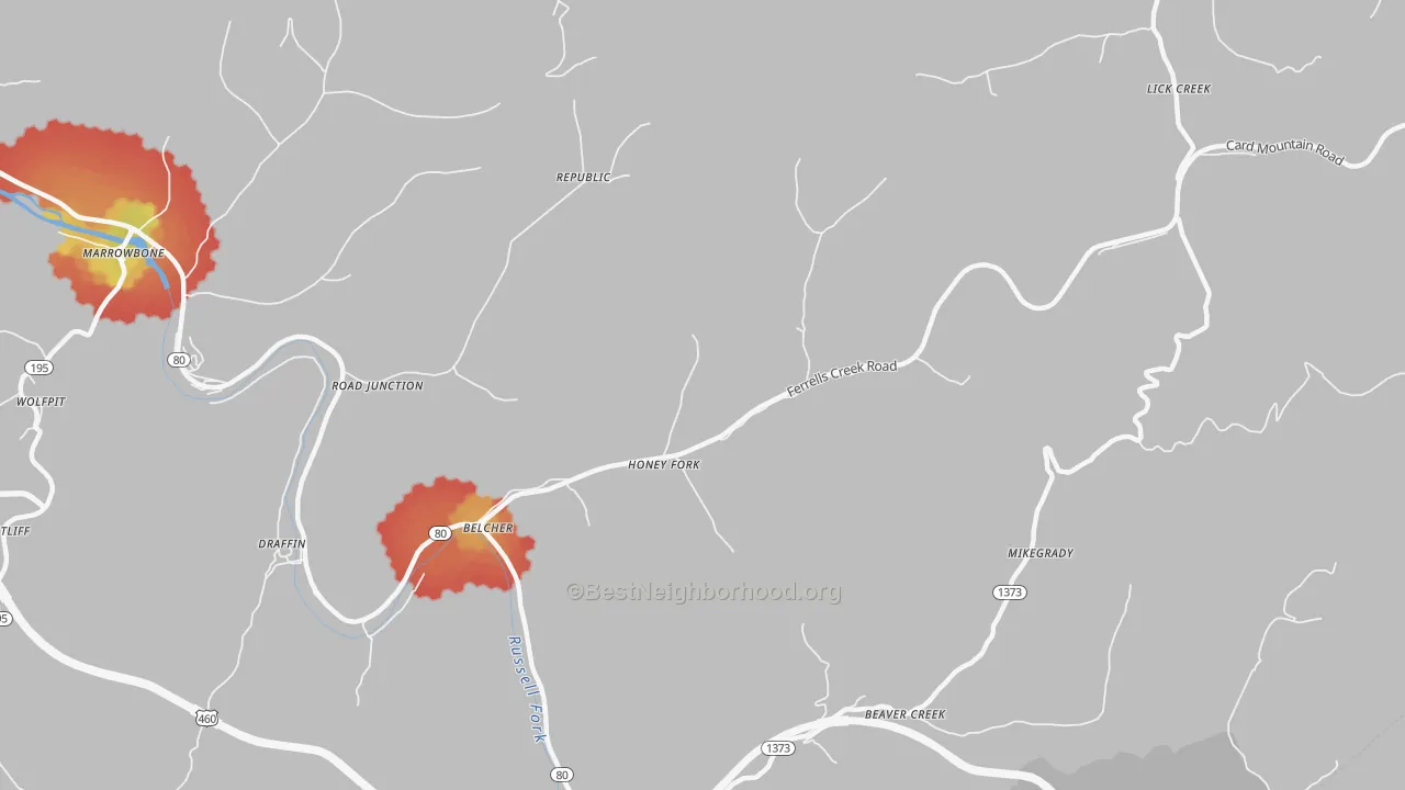 Walk Grade map of Belcher, KY, walkable areas in green and car-dependent areas in red