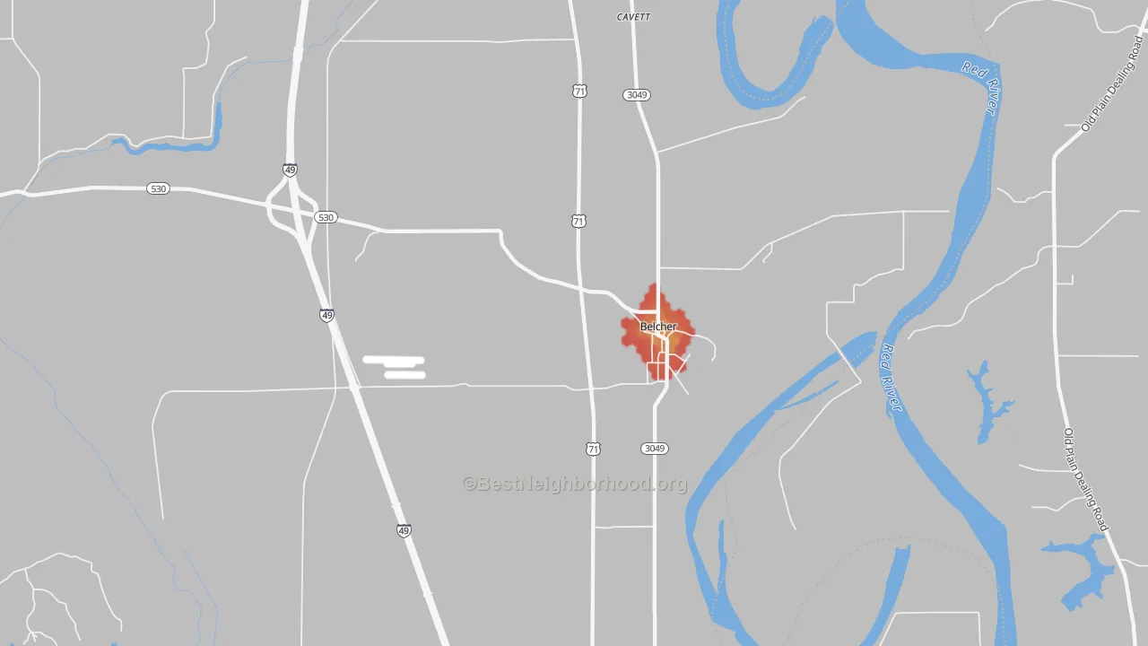 Walk Grade map of Belcher, LA, walkable areas in green and car-dependent areas in red