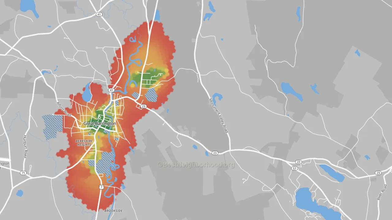 Walk Grade map of Belcher Square, MA, walkable areas in green and car-dependent areas in red