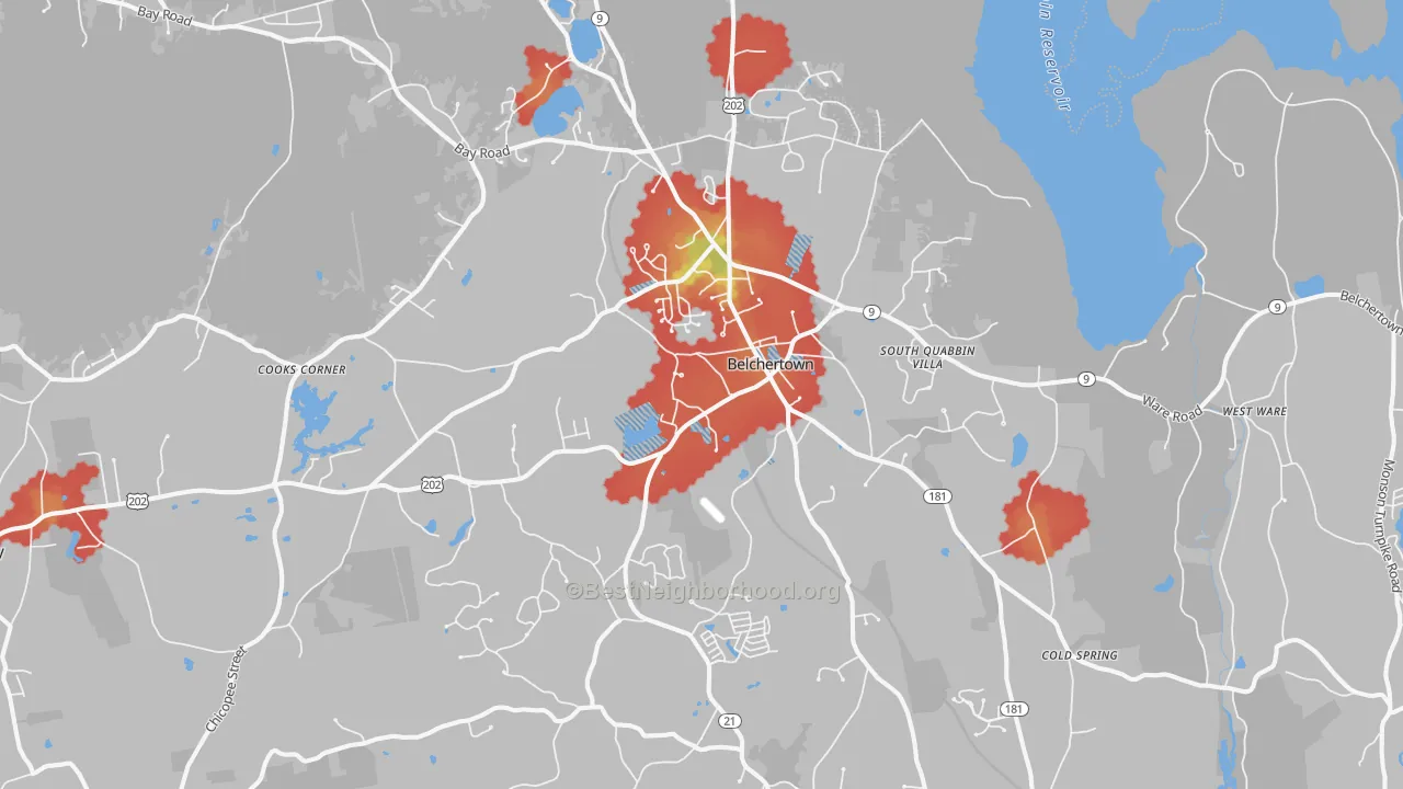 Walk Grade map of Belchertown, MA, walkable areas in green and car-dependent areas in red