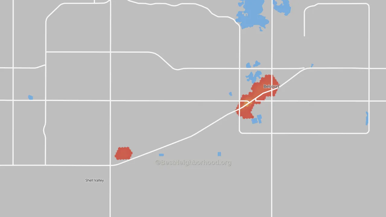 Walk Grade map of Belcourt, ND, walkable areas in green and car-dependent areas in red
