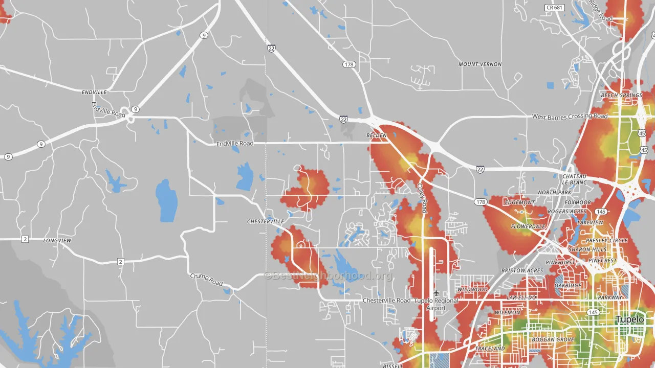 Walk Grade map of Belden, MS, walkable areas in green and car-dependent areas in red