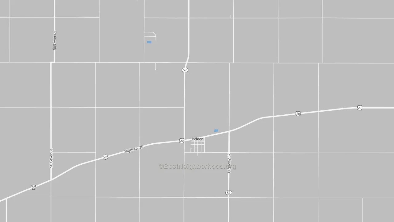 Walk Grade map of Belden, NE, walkable areas in green and car-dependent areas in red