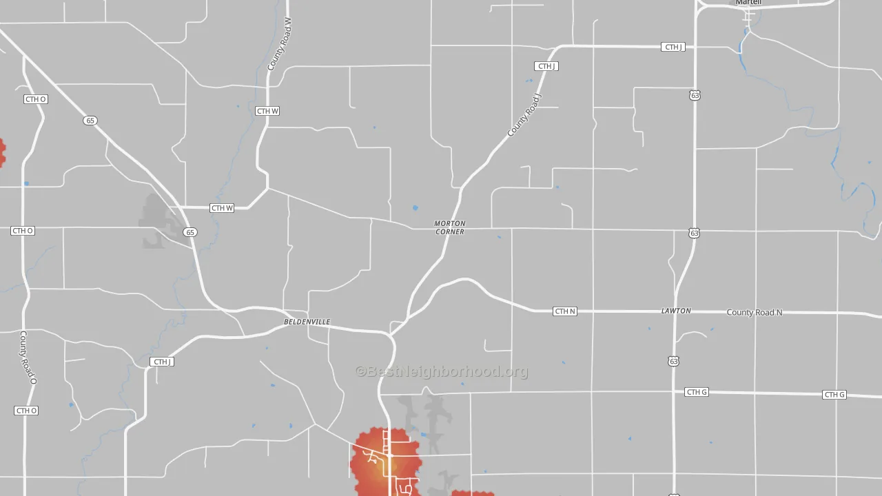 Walk Grade map of Beldenville, WI, walkable areas in green and car-dependent areas in red