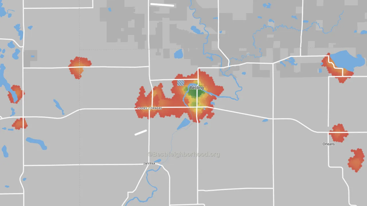 Walk Grade map of Belding, MI, walkable areas in green and car-dependent areas in red