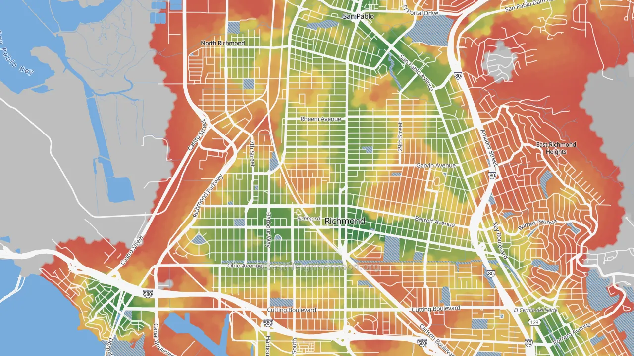 Walk Grade map of Belding Woods, Richmond, CA, walkable areas in green and car-dependent areas in red
