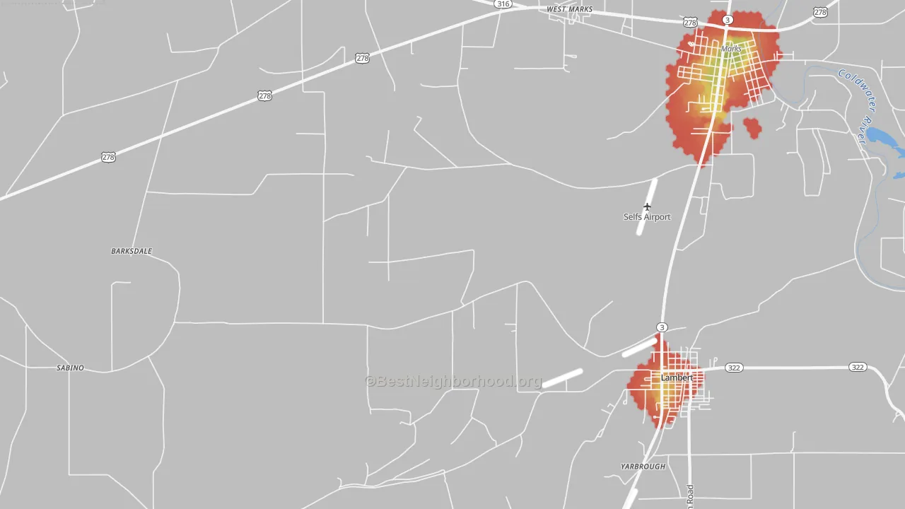 Walk Grade map of Belen, MS, walkable areas in green and car-dependent areas in red