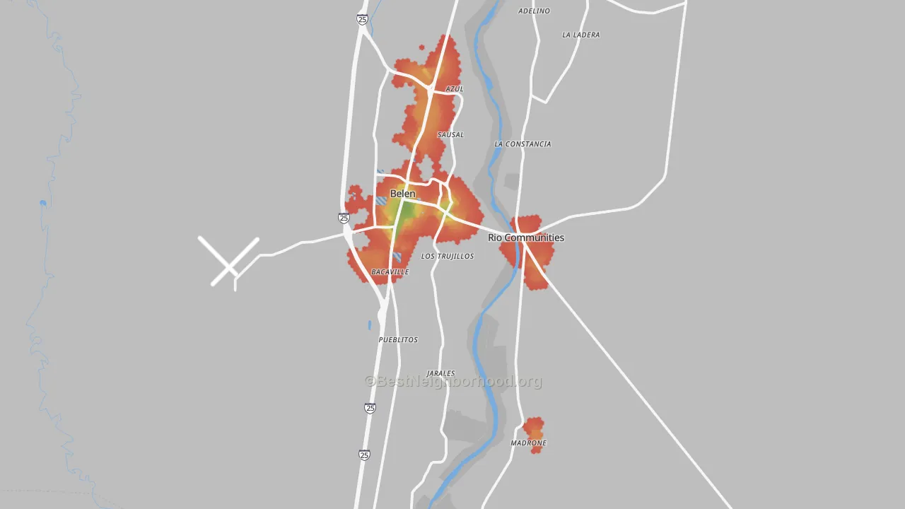 Walk Grade map of Belen, NM, walkable areas in green and car-dependent areas in red