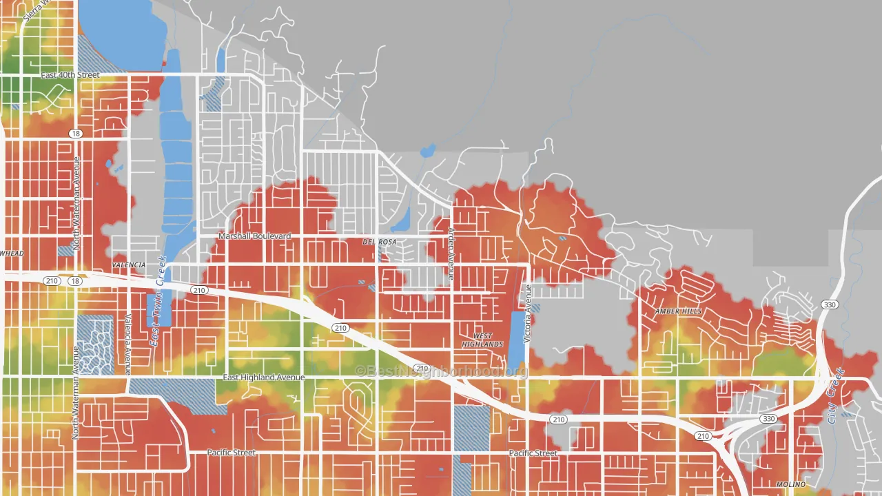 Walk Grade map of Belevedere, San Bernardino, CA, walkable areas in green and car-dependent areas in red