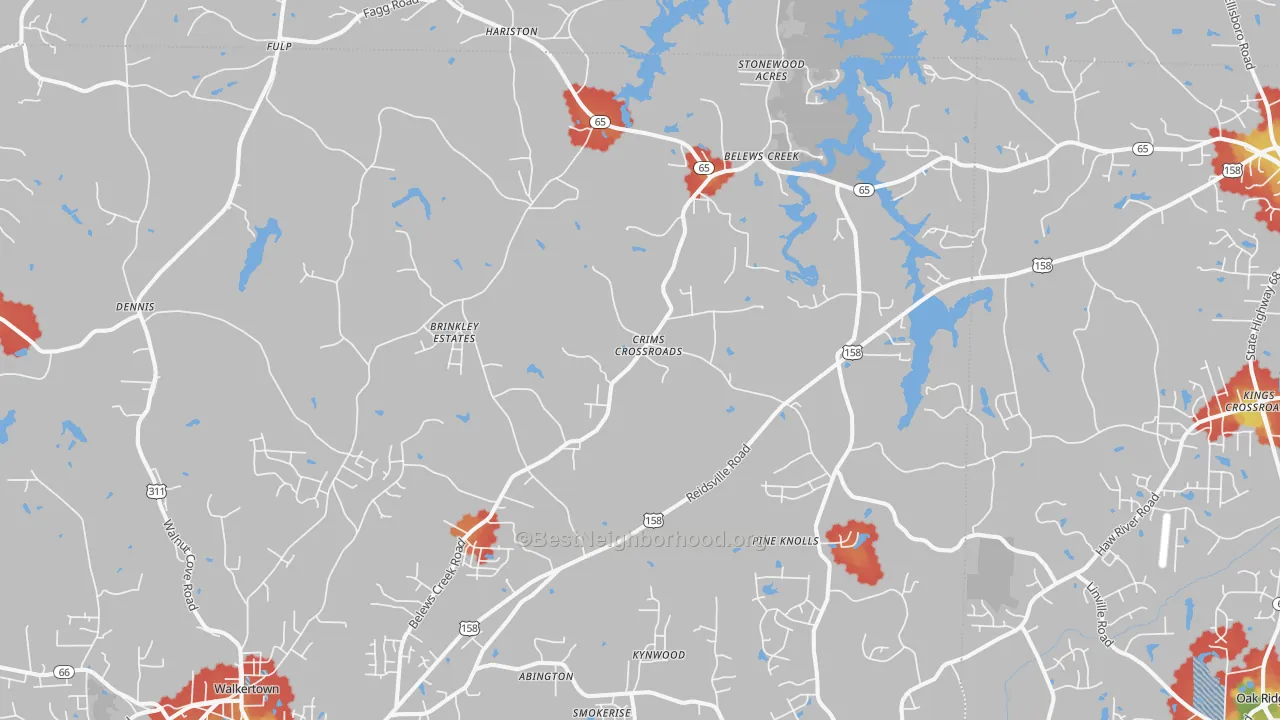 Walk Grade map of Belews Creek, NC, walkable areas in green and car-dependent areas in red