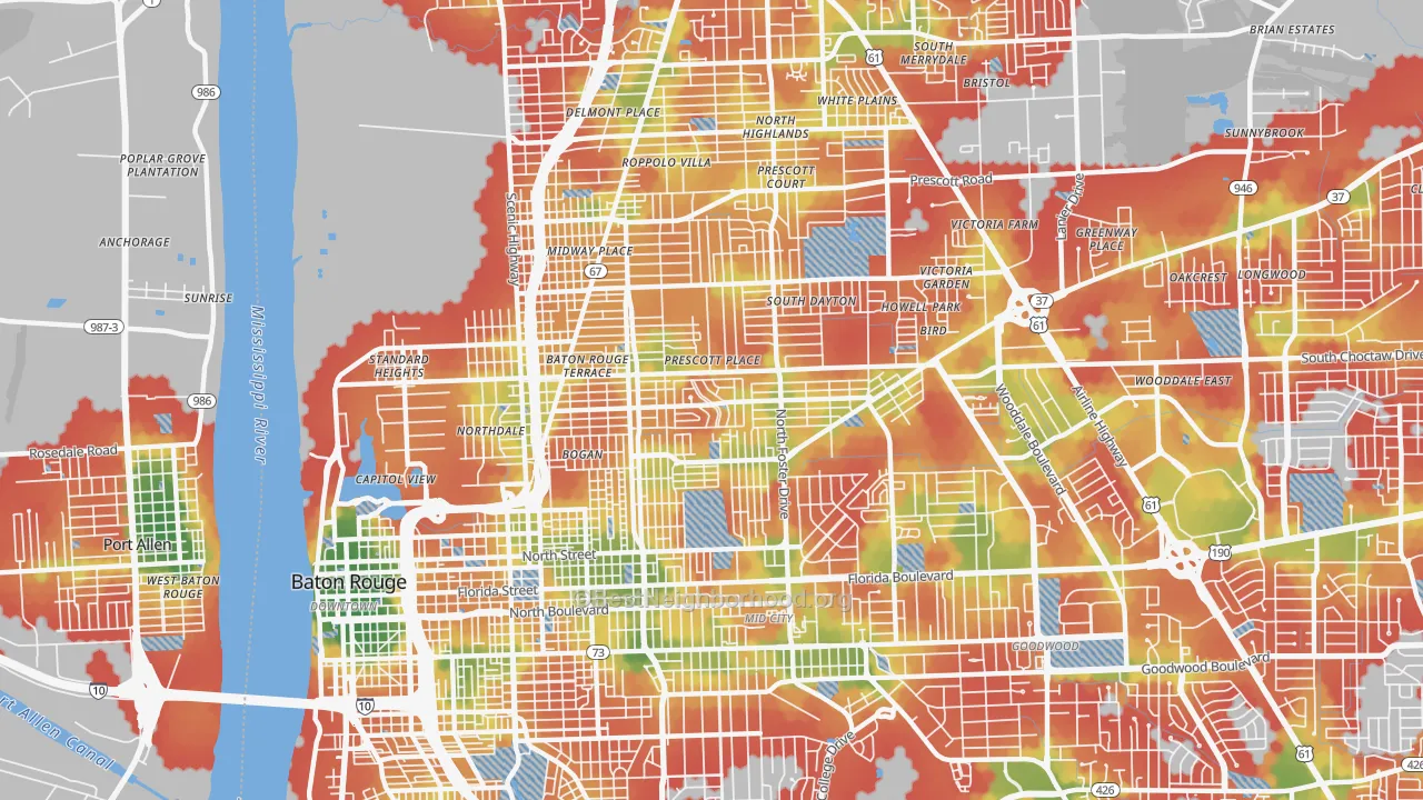 Walk Grade map of Belfair, Baton Rouge, LA, walkable areas in green and car-dependent areas in red