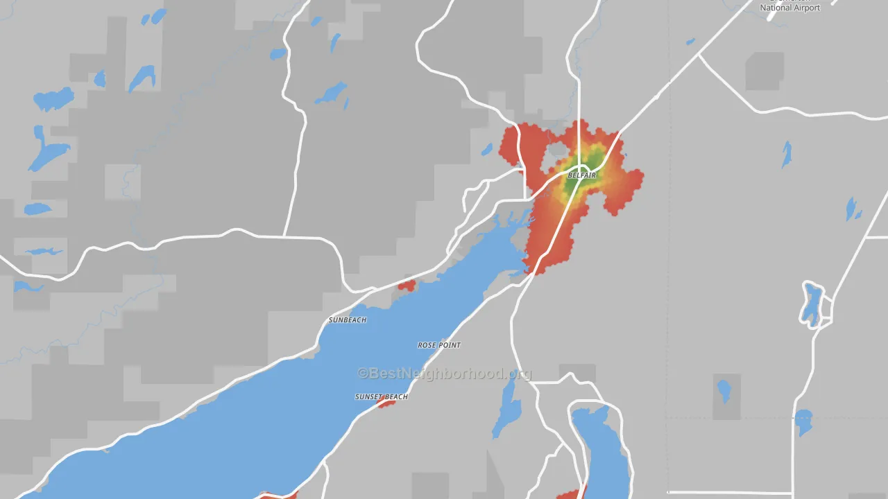 Walk Grade map of Belfair, WA, walkable areas in green and car-dependent areas in red