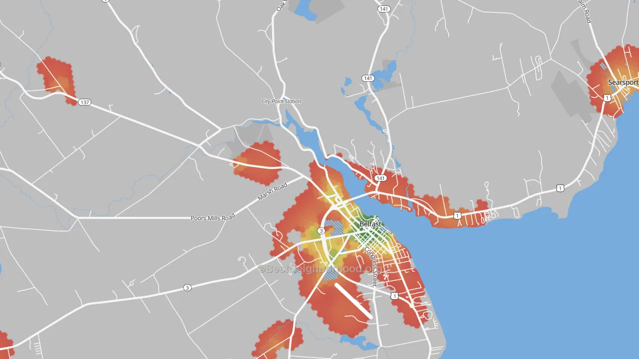 Walk Grade map of Belfast, ME, walkable areas in green and car-dependent areas in red