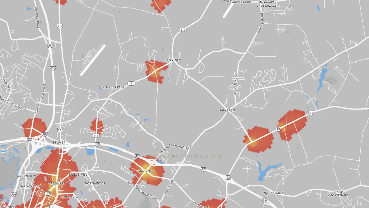 Walk Grade map of Belfast, NC, walkable areas in green and car-dependent areas in red