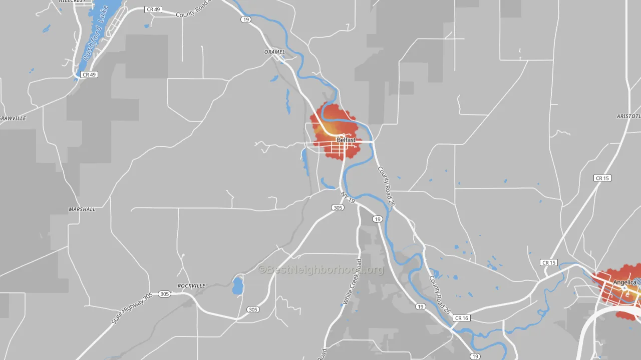 Walk Grade map of Belfast, NY, walkable areas in green and car-dependent areas in red