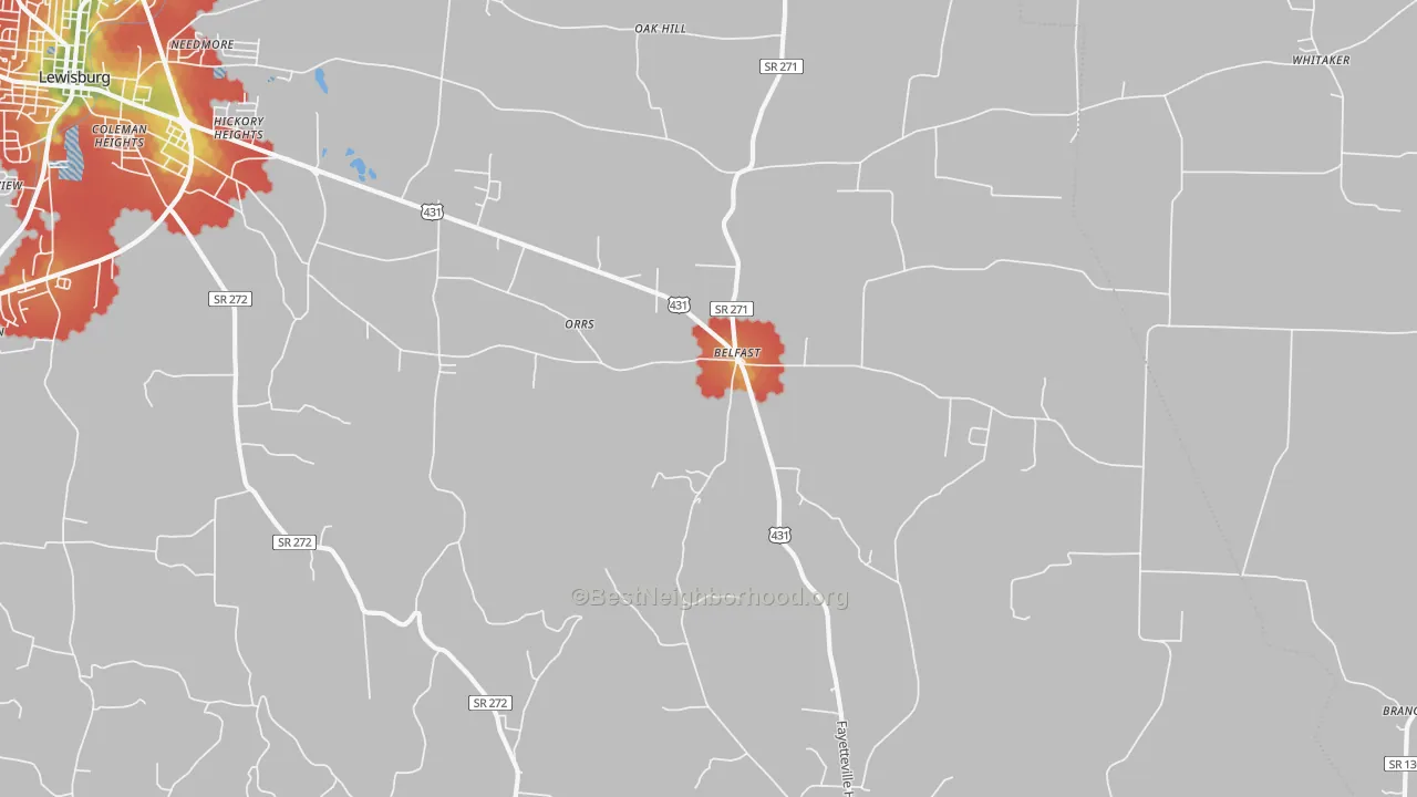 Walk Grade map of Belfast, TN, walkable areas in green and car-dependent areas in red