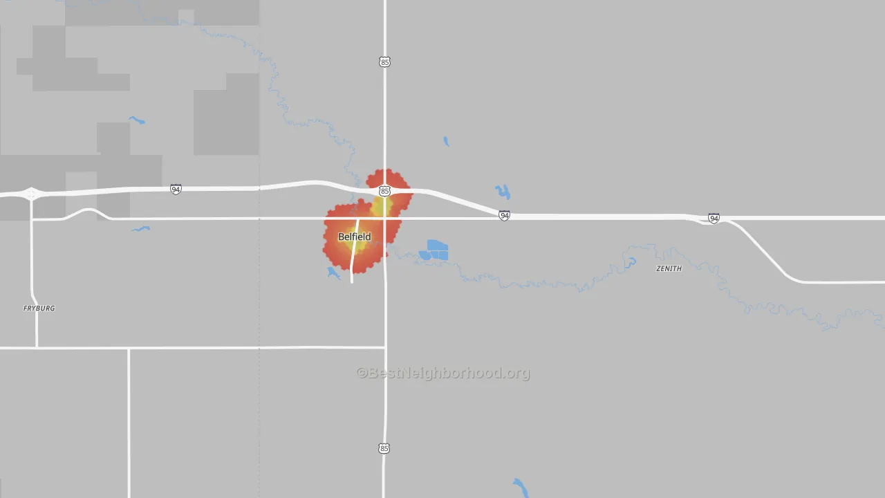 Walk Grade map of Belfield, ND, walkable areas in green and car-dependent areas in red