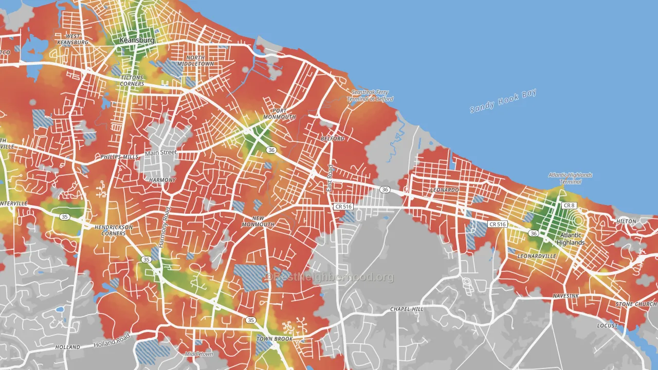 Walk Grade map of Belford, NJ, walkable areas in green and car-dependent areas in red