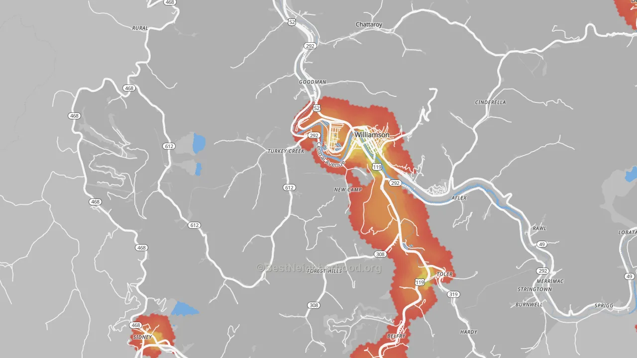 Walk Grade map of Belfry, KY, walkable areas in green and car-dependent areas in red