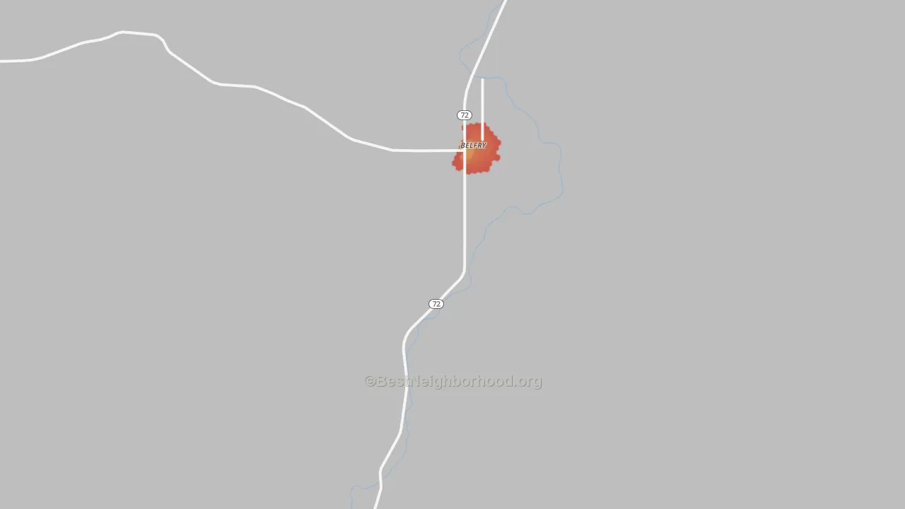 Walk Grade map of Belfry, MT, walkable areas in green and car-dependent areas in red