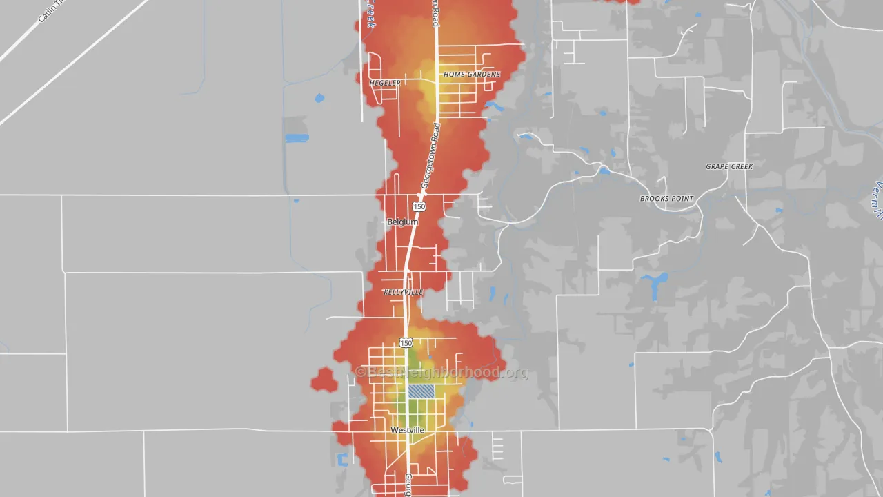 Walk Grade map of Belgium, IL, walkable areas in green and car-dependent areas in red
