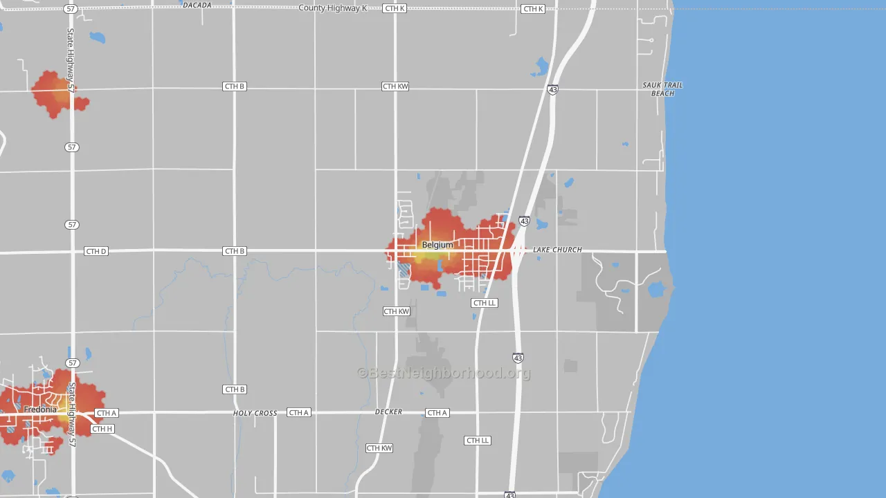 Walk Grade map of Belgium, WI, walkable areas in green and car-dependent areas in red