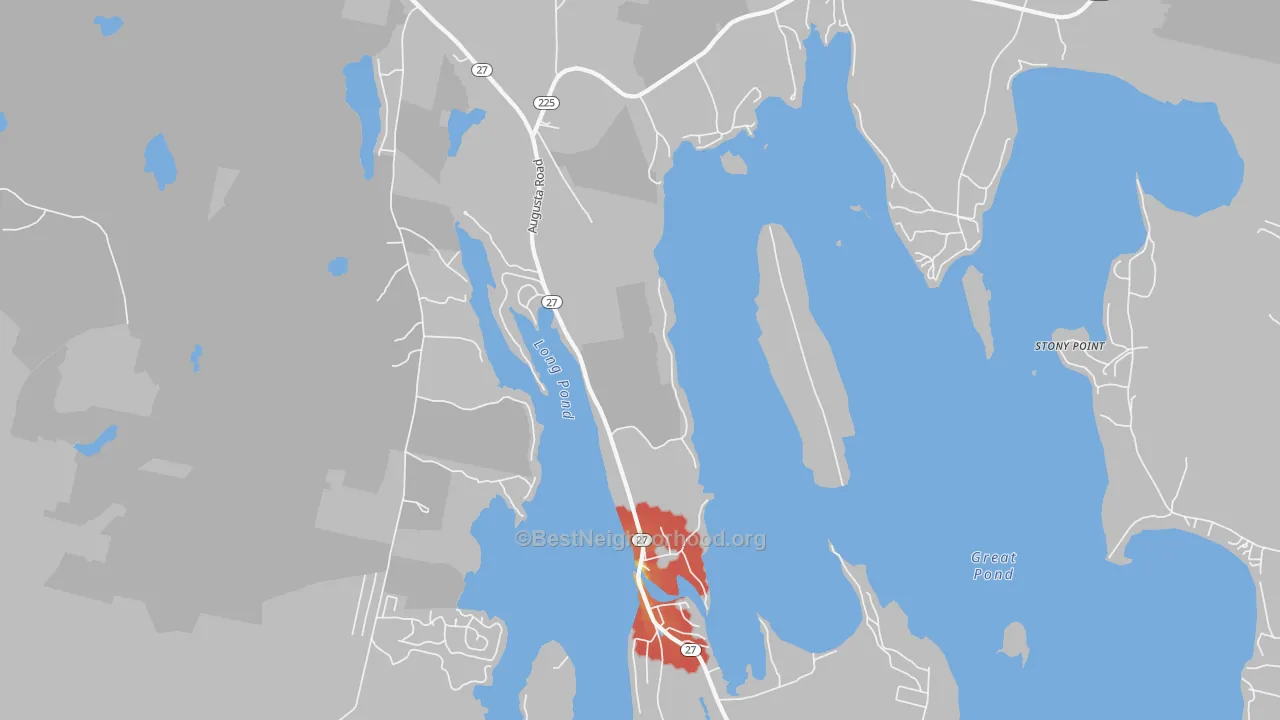 Walk Grade map of Belgrade Lakes, ME, walkable areas in green and car-dependent areas in red