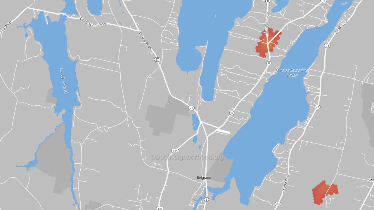 Walk Grade map of Belgrade, ME, walkable areas in green and car-dependent areas in red