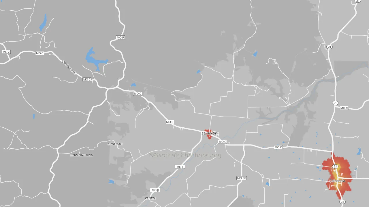 Walk Grade map of Belgrade, MO, walkable areas in green and car-dependent areas in red